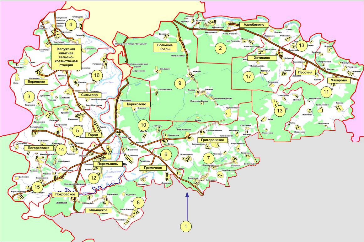Карта калужской области подробная с деревнями и дорогами городами поселками